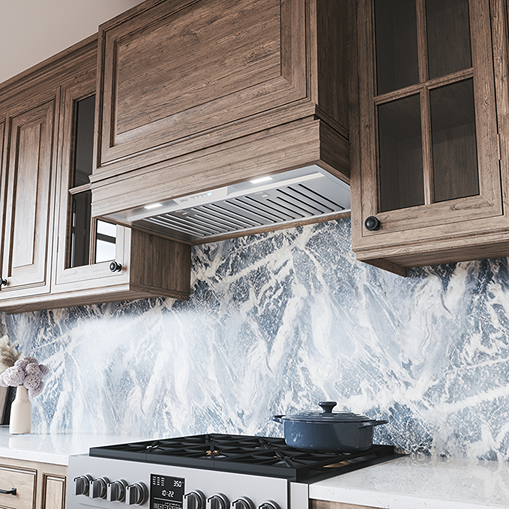 under-cabinet insert hood with built-in lighting over stainless steel range in kitchen and home improvement tools