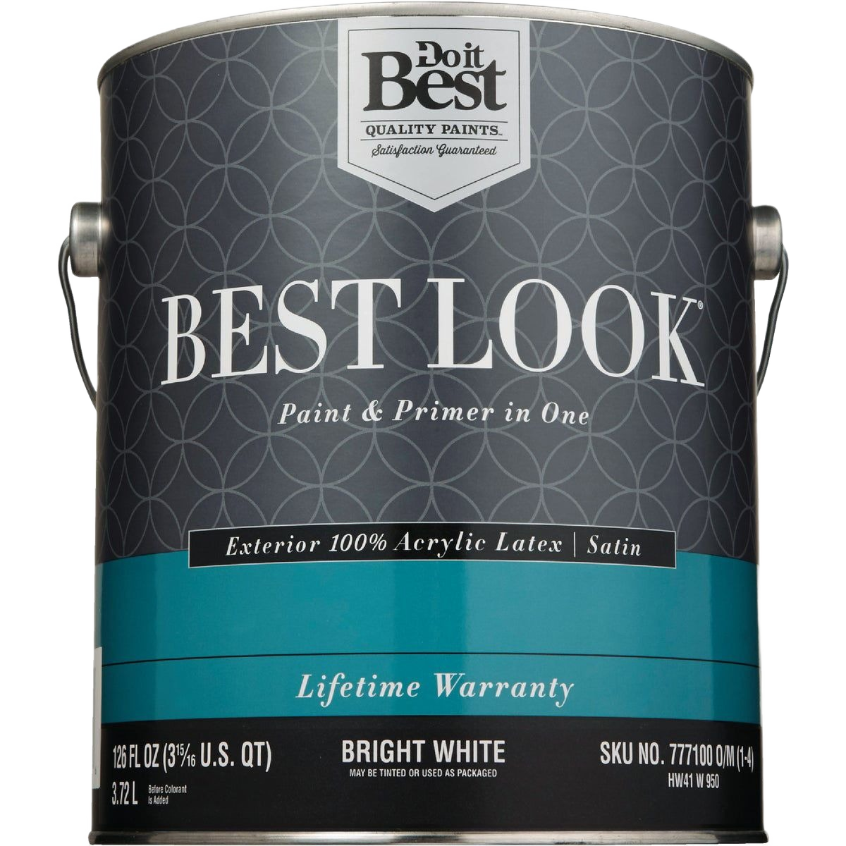 Can of premium acrylic satin exterior paint in bright white for home improvement and exterior wall paint projects under $50