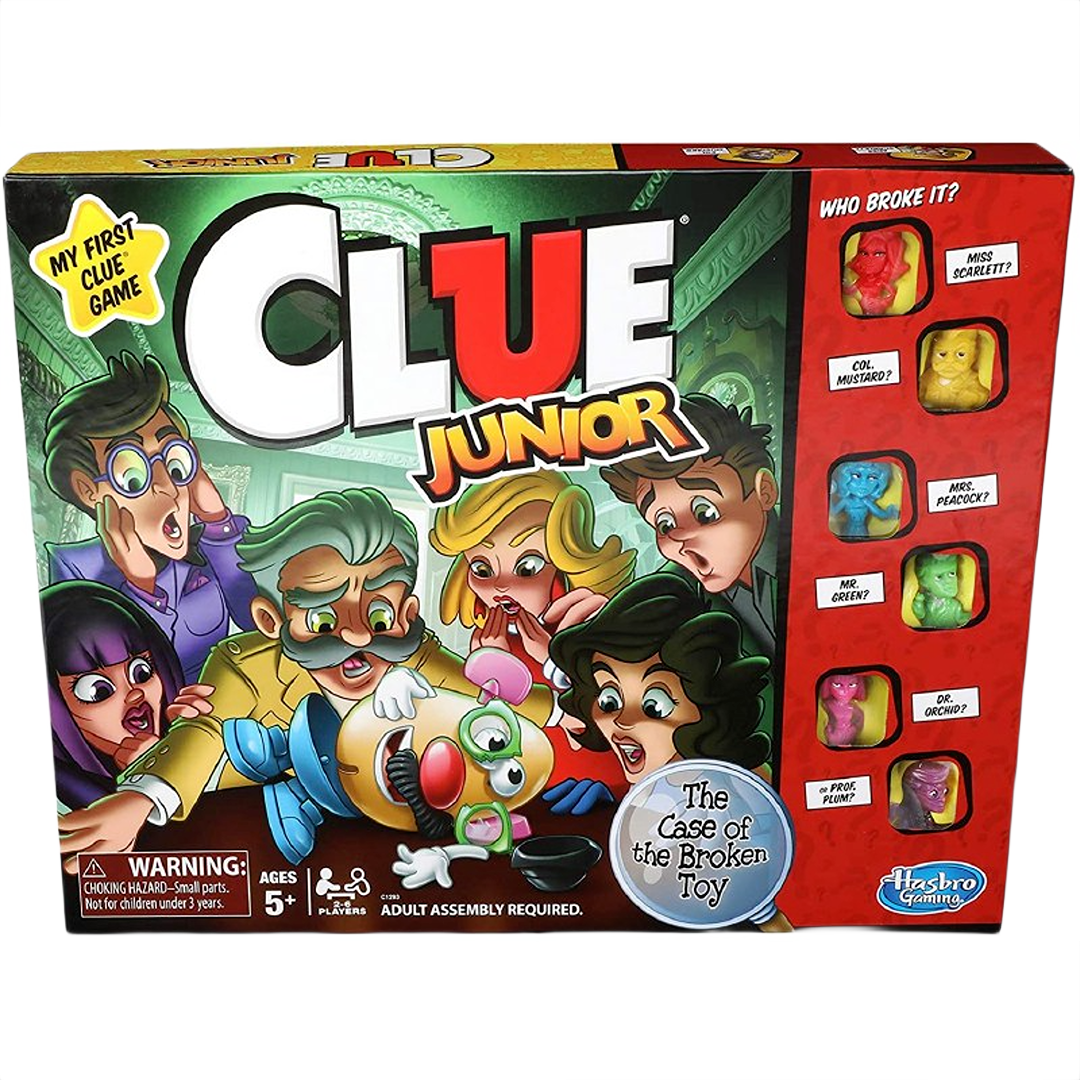 Colorful children's mystery board game box featuring cartoon characters with toy suspects for interactive play