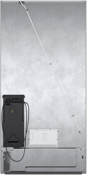 Back view of stainless steel French door refrigerator showing ventilation, wiring, and support rod from appliances collection