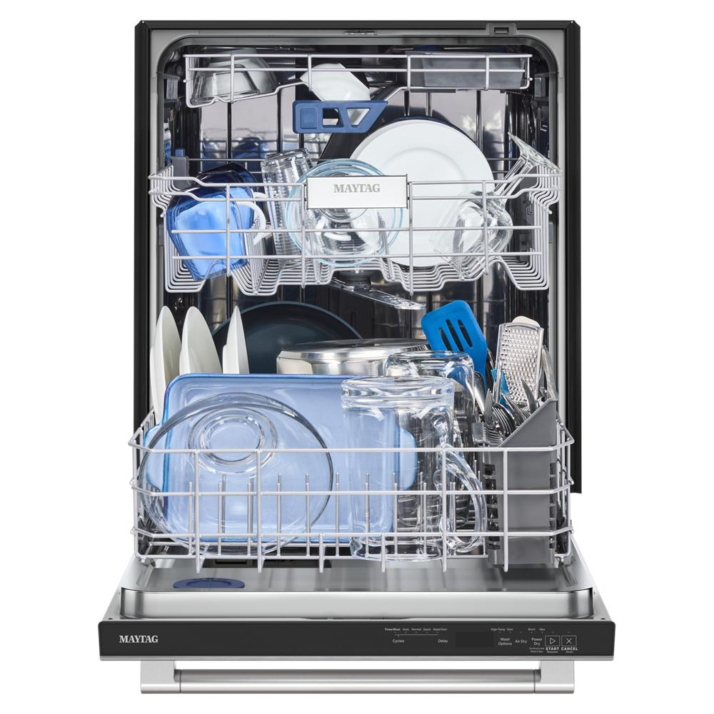 Open stainless steel dishwasher with top control showing racks loaded with dishes and kitchenware from appliances collection