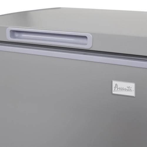 Gray garage-ready chest freezer with recessed handle and Avanti logo from Freezers & Ice Makers collection
