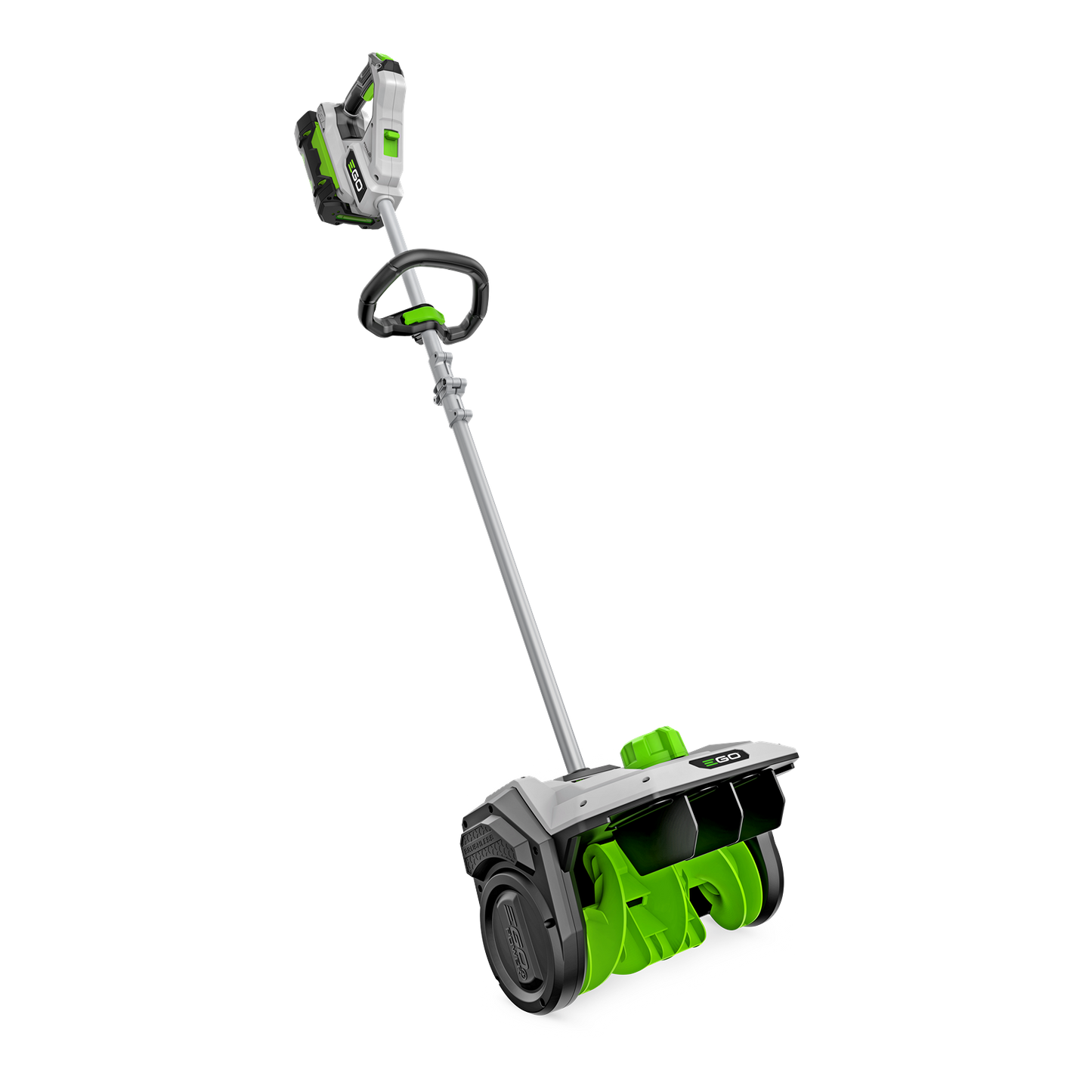 Cordless snow shovel with green and gray design, ergonomic handle, includes battery and charger for home improvement tasks