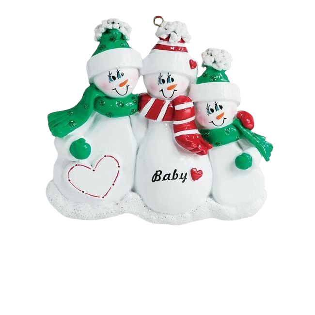 Snow family of three wearing festive red and green scarves and hats Christmas ornament under $50