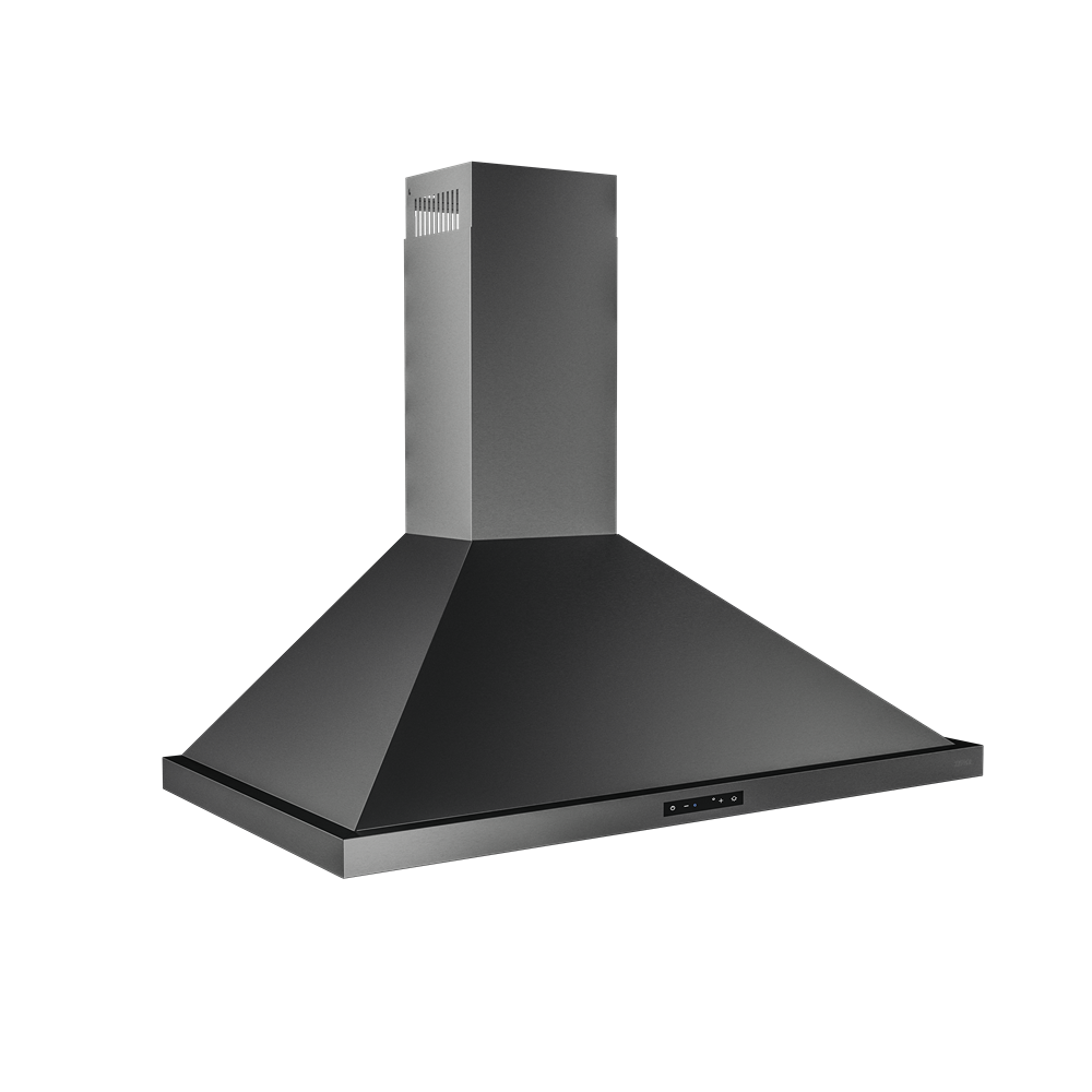 sleek black stainless steel chimney hood with LED controls for ventilation in over the range hoods collection