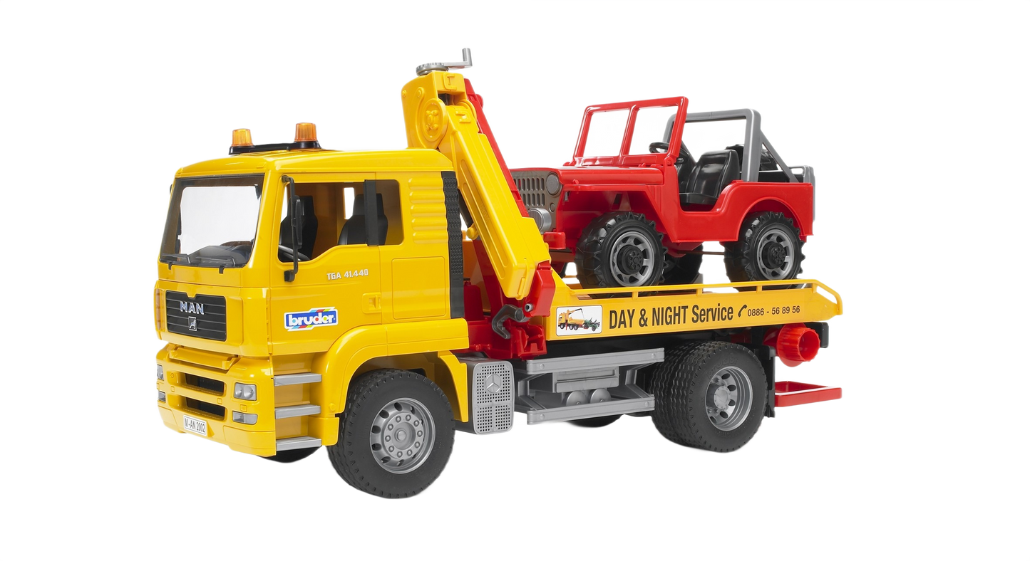 Yellow MAN TGA toy tow truck with red off-road vehicle on flatbed for imaginative play and collection
