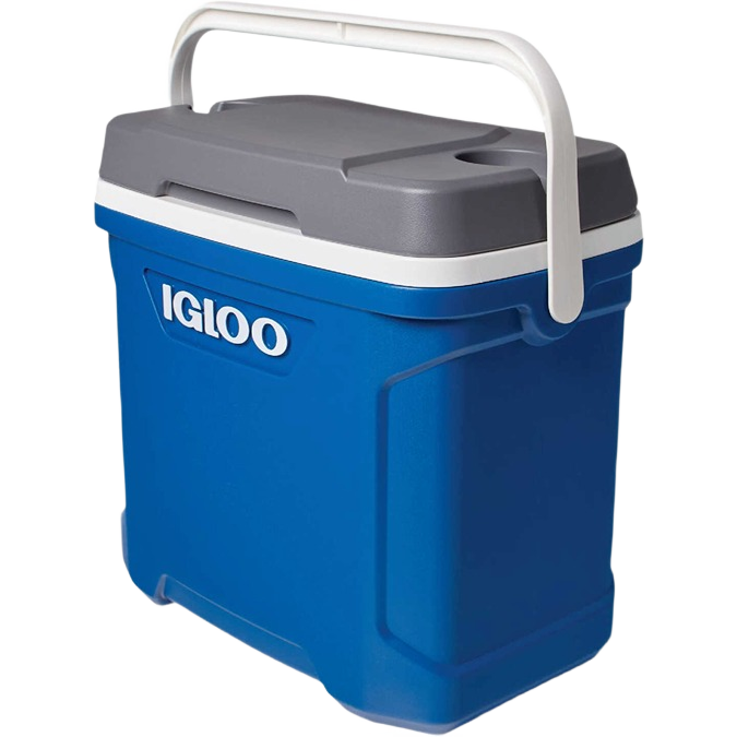 Indigo blue insulated cooler with gray lid and white handle for outdoor use and home improvement tasks