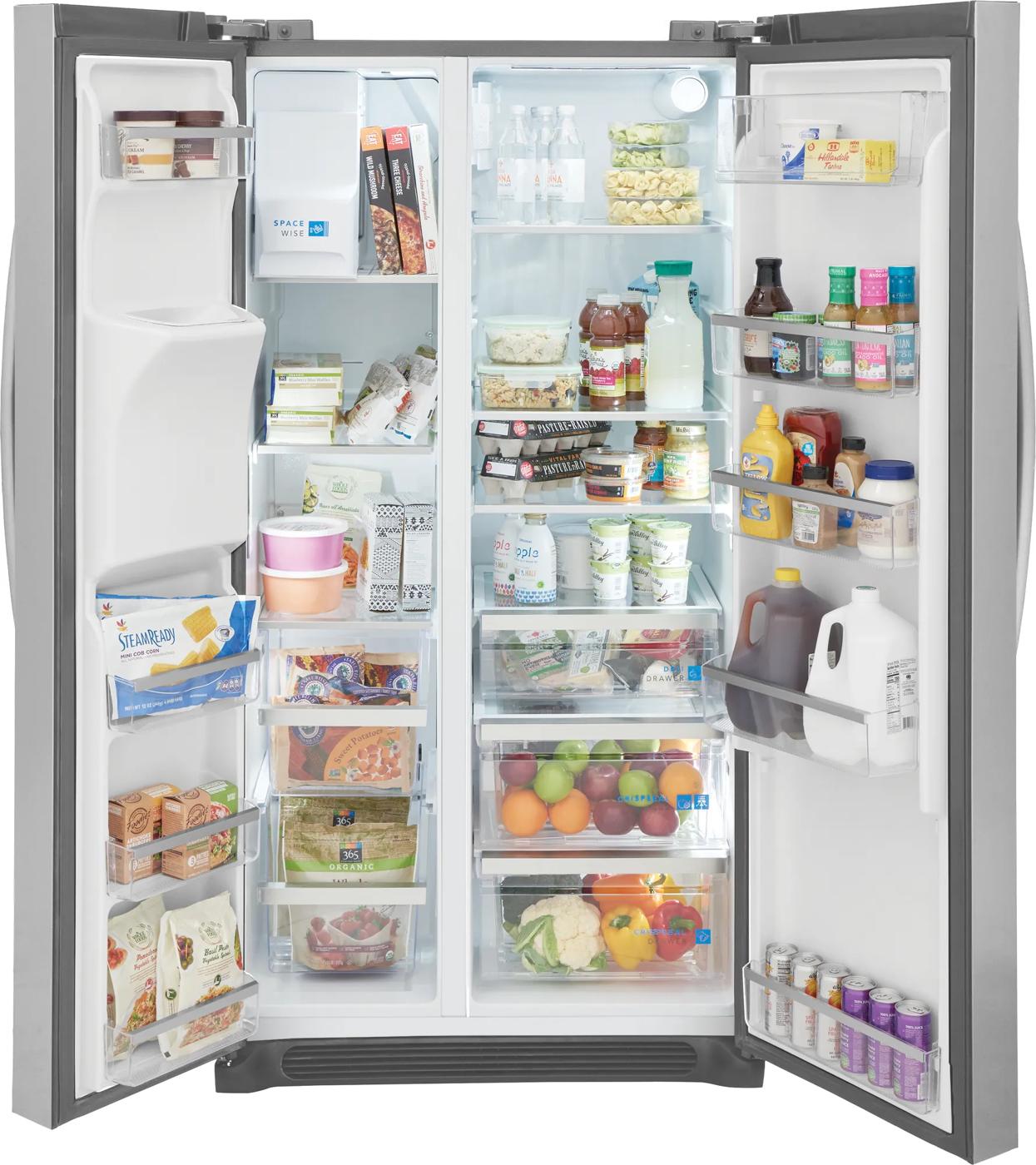 Open 36-inch counter depth side-by-side refrigerator in pearl steel with organized shelves from Refrigerators collection