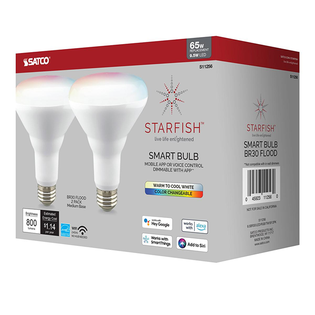 Pack of two Satco BR30 LED smart bulbs with tunable white color and Wi-Fi control for lighting and home improvement use