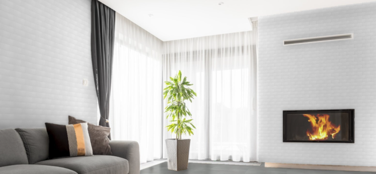 Modern living room with matte ice white ceramic wall tile backsplash in bright natural light setting