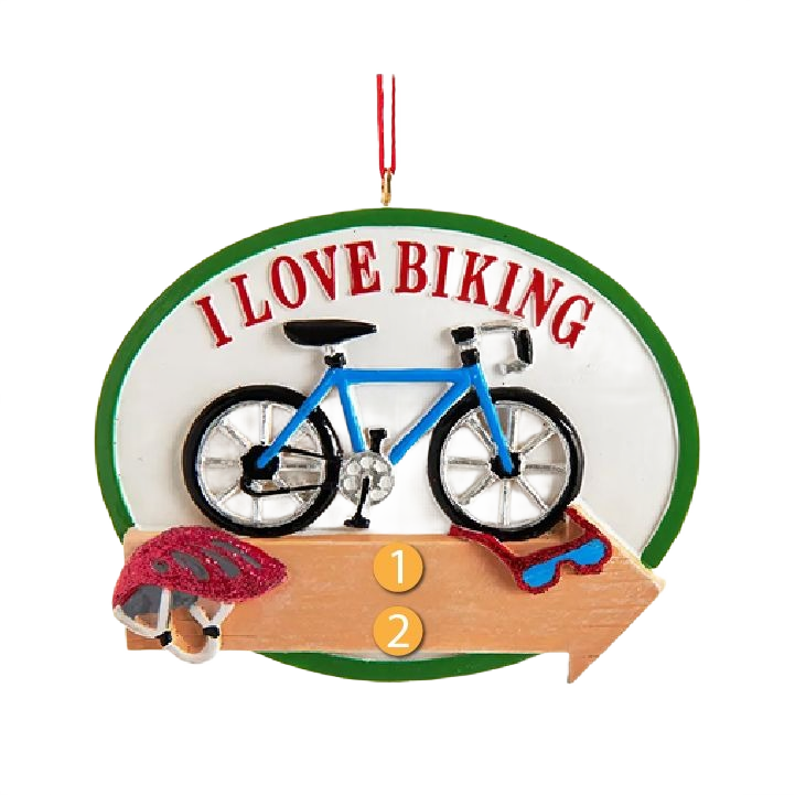 Personalized ornament featuring a blue bike, red helmet, and sunglasses with "I Love Biking" text for decor