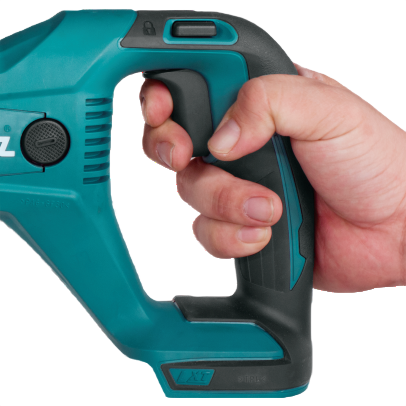 Hand gripping teal and black cordless reciprocating saw handle with trigger for home improvement and tool use