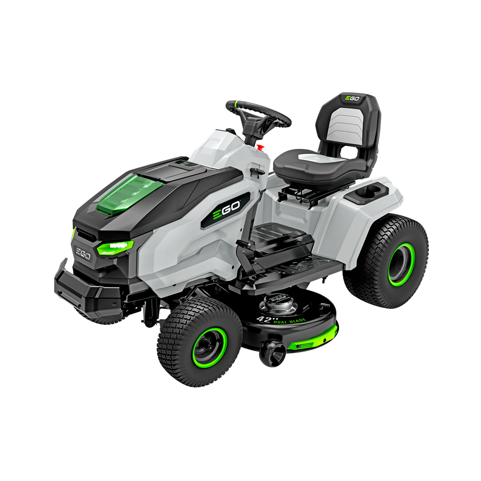 Gray and black EGO battery powered riding lawn tractor with green trim and 42-inch cutting deck for outdoor power equipment.