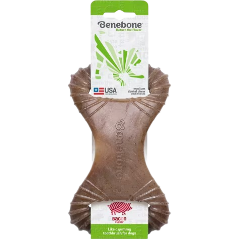 Brown curved dog chew with ridges for dental care, bacon flavor, designed for dogs under 60 pounds in pet treats collections