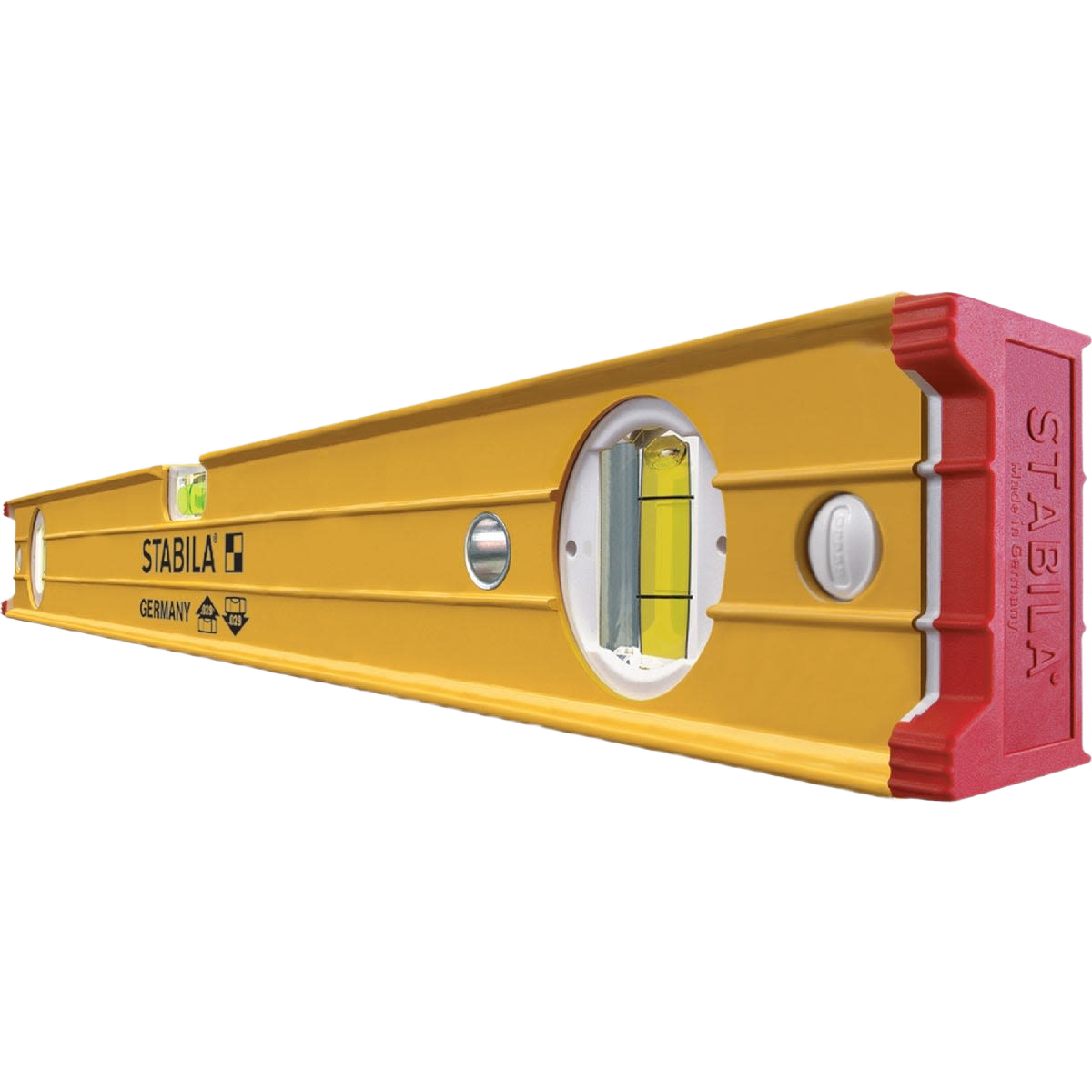 Heavy-duty yellow magnetic box level with red end caps for precise measurements in woodworking and hand tools collections