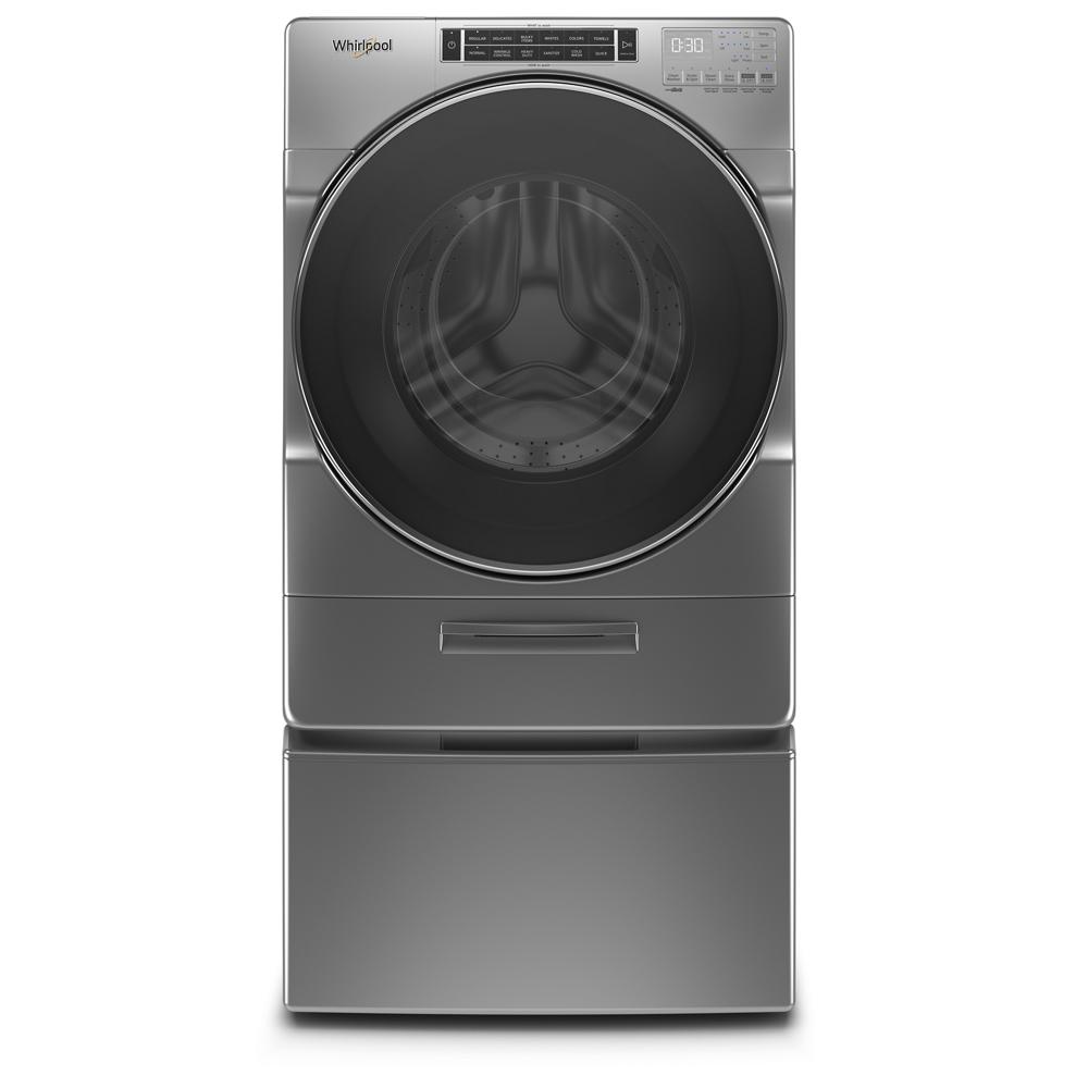 Front view of large capacity gray front load washer with digital panel and door in washers and appliances collection