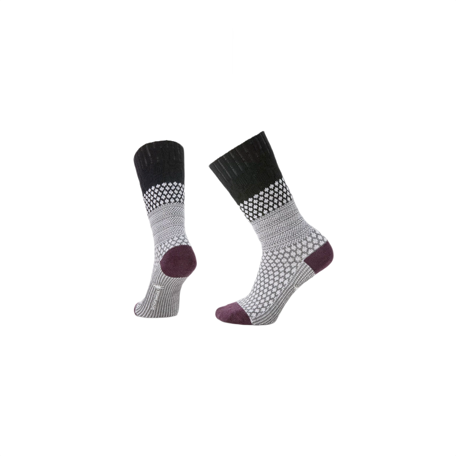 Pair of black and gray cable knit crew socks with burgundy heel and toe accents for everyday comfort