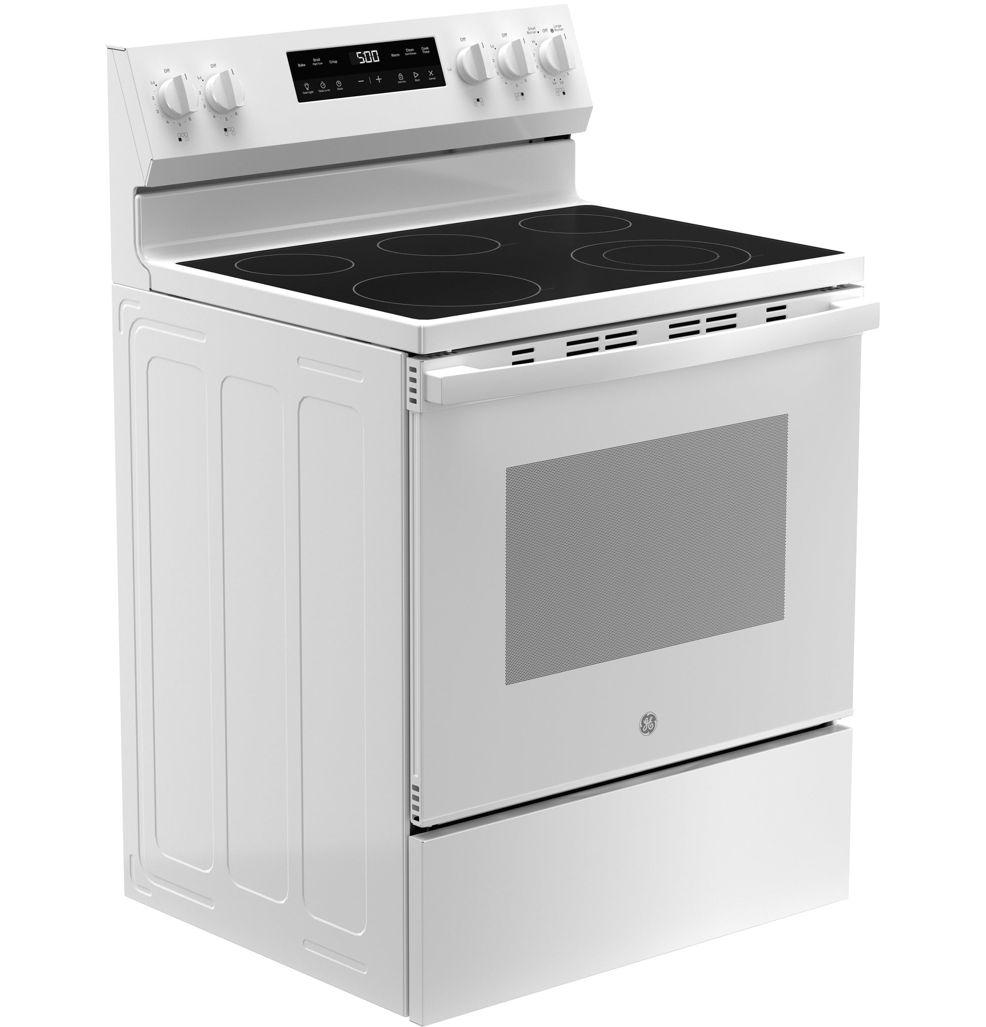 White free-standing electric range with smooth cooktop, digital controls, and oven window in modern kitchen appliances setting