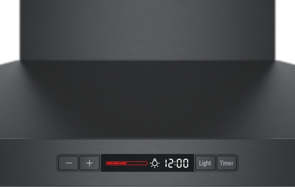 Close-up of black stainless steel wall hood control panel with digital timer, light, and adjustment buttons for kitchen appliances