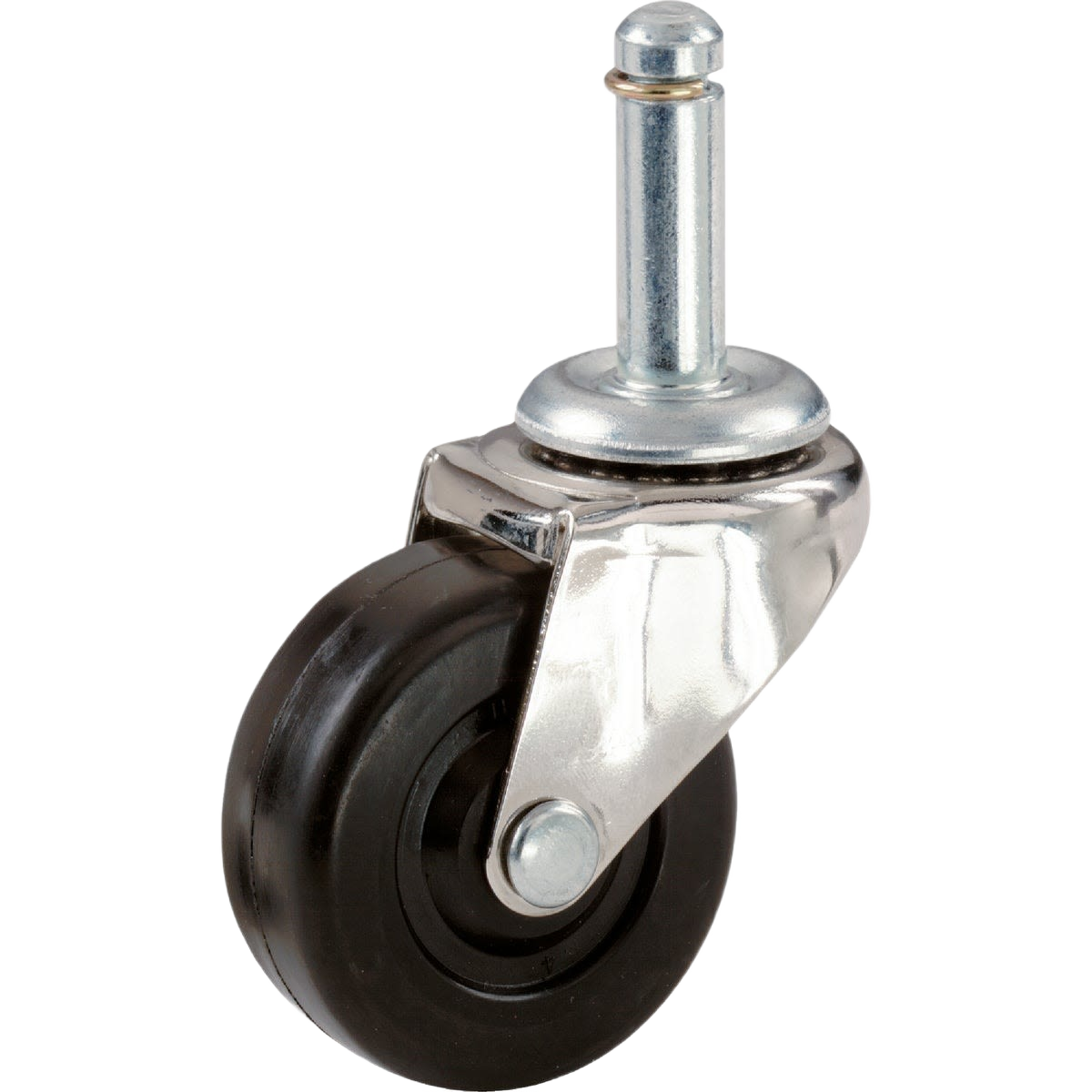 Black rubber caster wheel with shiny metal friction-grip stem for smooth rolling in tools and home improvement projects