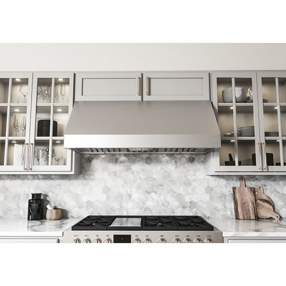 Zephyr Tempest II stainless steel canopy hood with LED lighting above modern gas range in kitchen appliances collection.