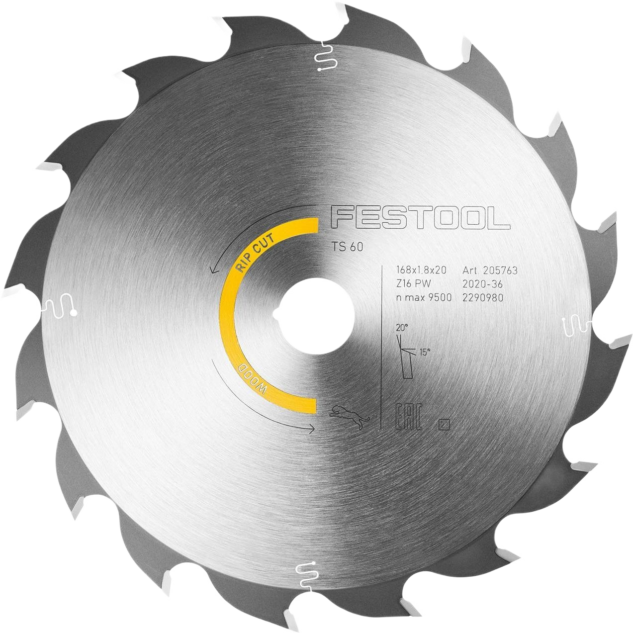 Circular wood rip cut saw blade with steel teeth designed for Festool track saw accessories and woodworking tools