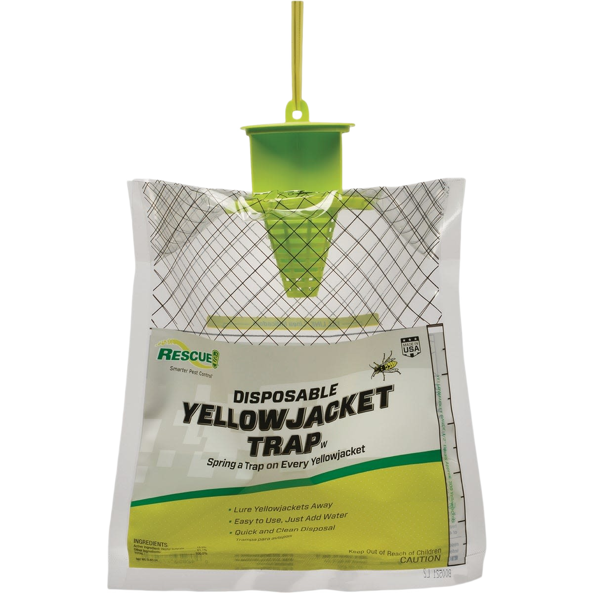 Disposable yellow jacket insect trap with green hanging hook for outdoor insect and pest control use under $50 collection