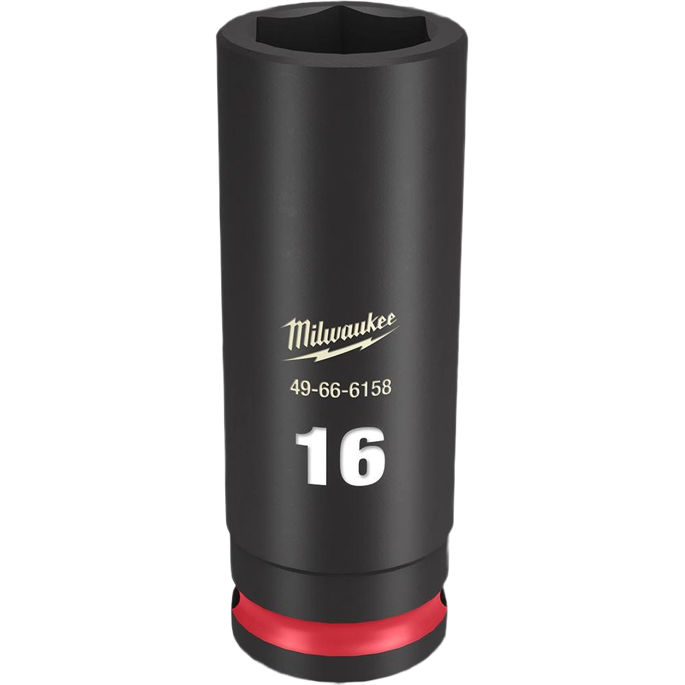 Black 16mm deep 6 point impact socket with red accent for Milwaukee hand tools and home improvement tasks