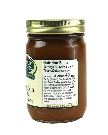 Glass jar of pumpkin butter with gold lid and nutrition label from Hartville Kitchen in jams and jellies collection under $50