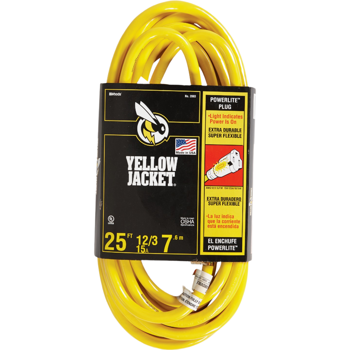 Yellow heavy-duty extension cord with lighted power indicator and flexible insulation for tools and home improvement use