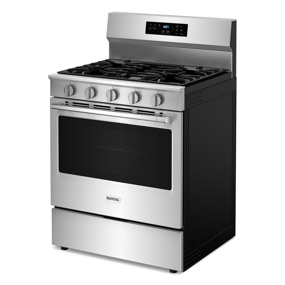 30-inch stainless steel gas range with five burners and digital control panel for kitchen and appliance collections