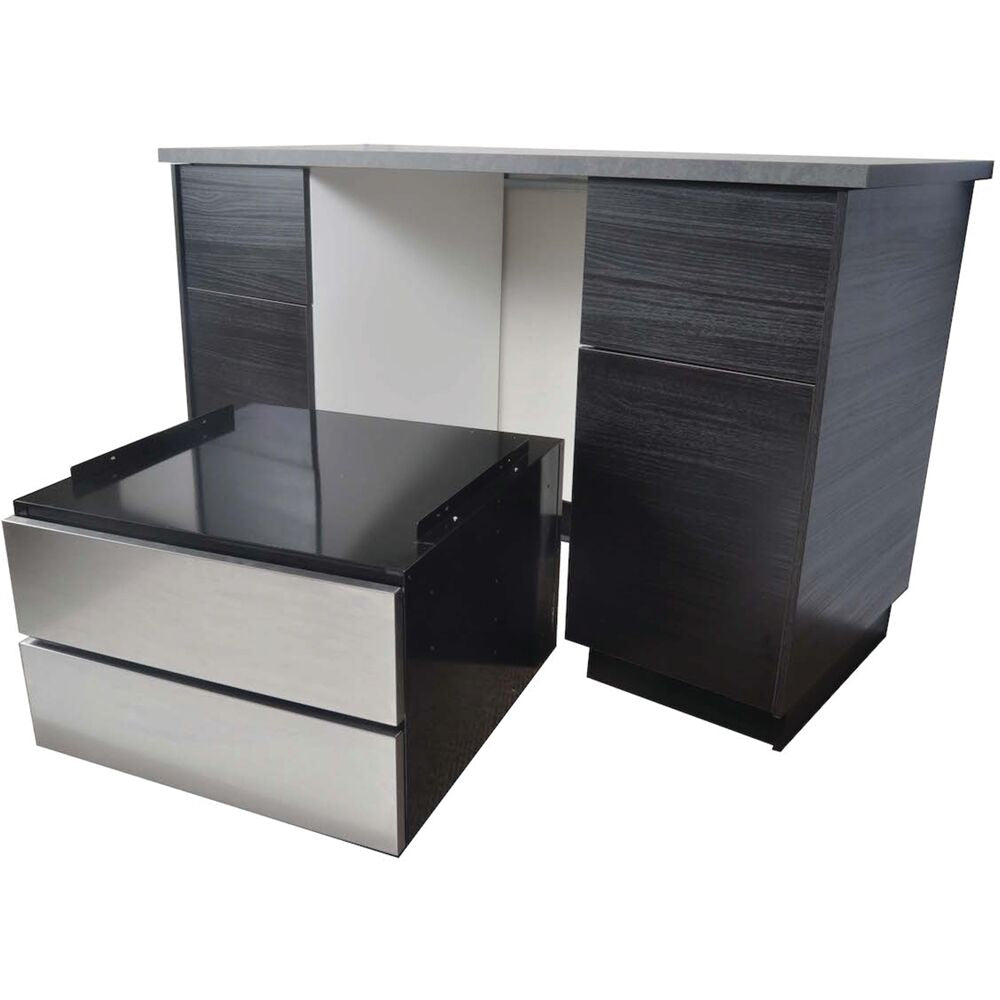 Under-counter drawer pedestal with panel-ready dark wood finish and stainless steel drawer fronts for kitchen storage.