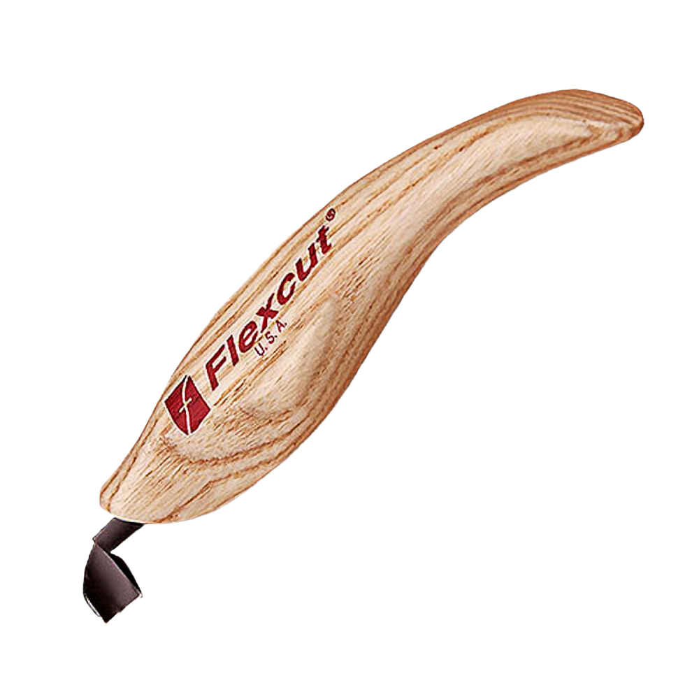Ergonomic woodcarving knife with curved hardwood handle and angled right-handed blade for precision tool use