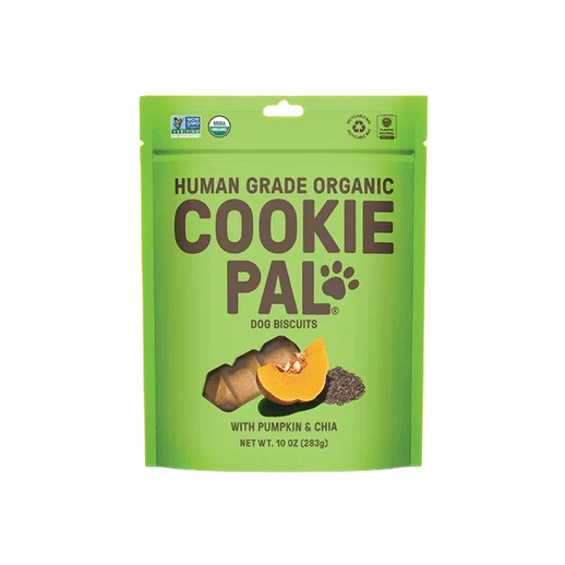 Green resealable bag of Cookie Pal organic dog biscuits with pumpkin and chia for pet treats under $50 collections