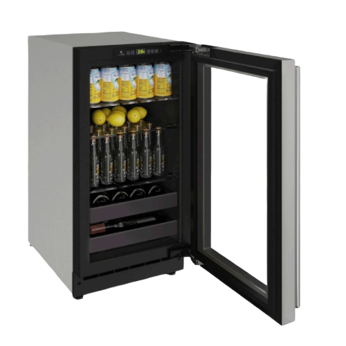Undercounter beverage cooler with reversible hinge, glass door, adjustable shelves, and digital temperature control panel