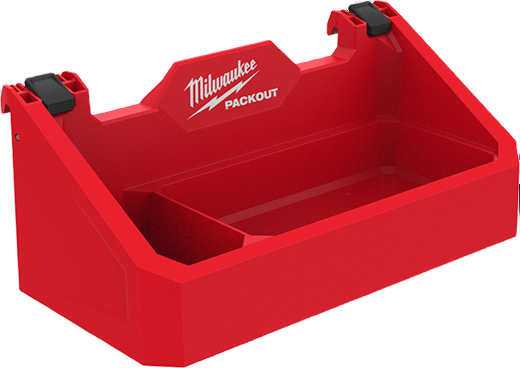 Red Milwaukee PACKOUT tool attachment tray with dual compartments and black locking clips for secure, organized storage in home improvement tasks