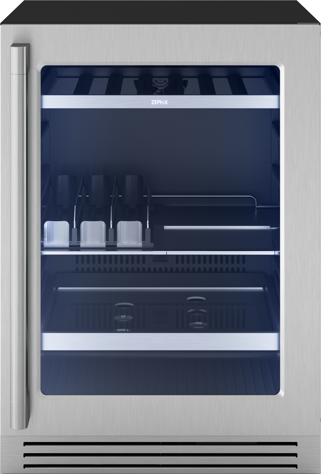 Under-counter stainless steel beverage cooler with glass door, adjustable shelves, and modern handle from Appliances collection