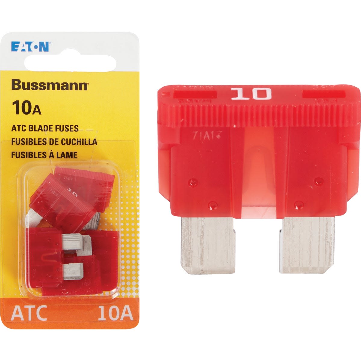 Red 10 Amp blade-type automotive fuse with silver metal terminals for automotive electrical system protection, 4-pack packaging included