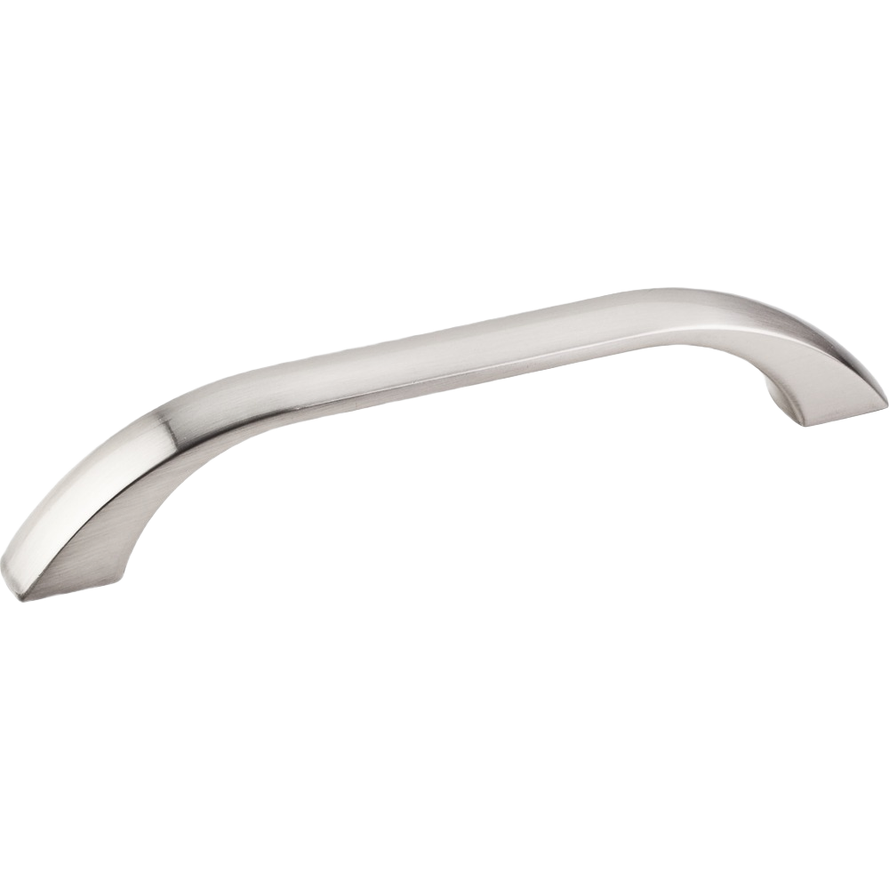 Satin nickel arc cabinet pull with smooth, curved design for hardware and furniture accessories in home improvement.