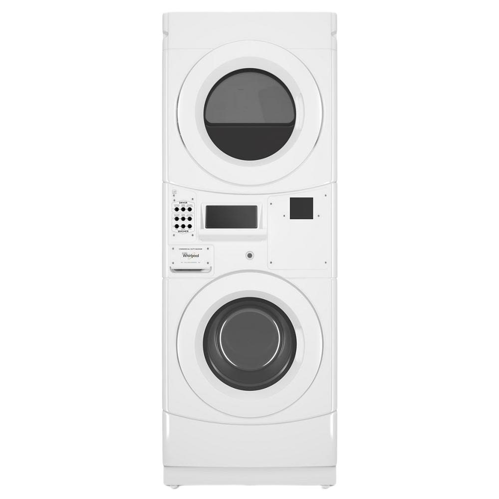 White commercial stack washer and dryer combo with front load doors and control panel in appliance laundry centers collection