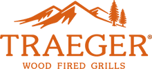 Orange logo featuring stylized mountain peaks and pine trees above the word Traeger with 