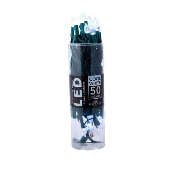 Cool white LED string lights with green wiring, 50 bulbs in clear cylindrical storage container for home use