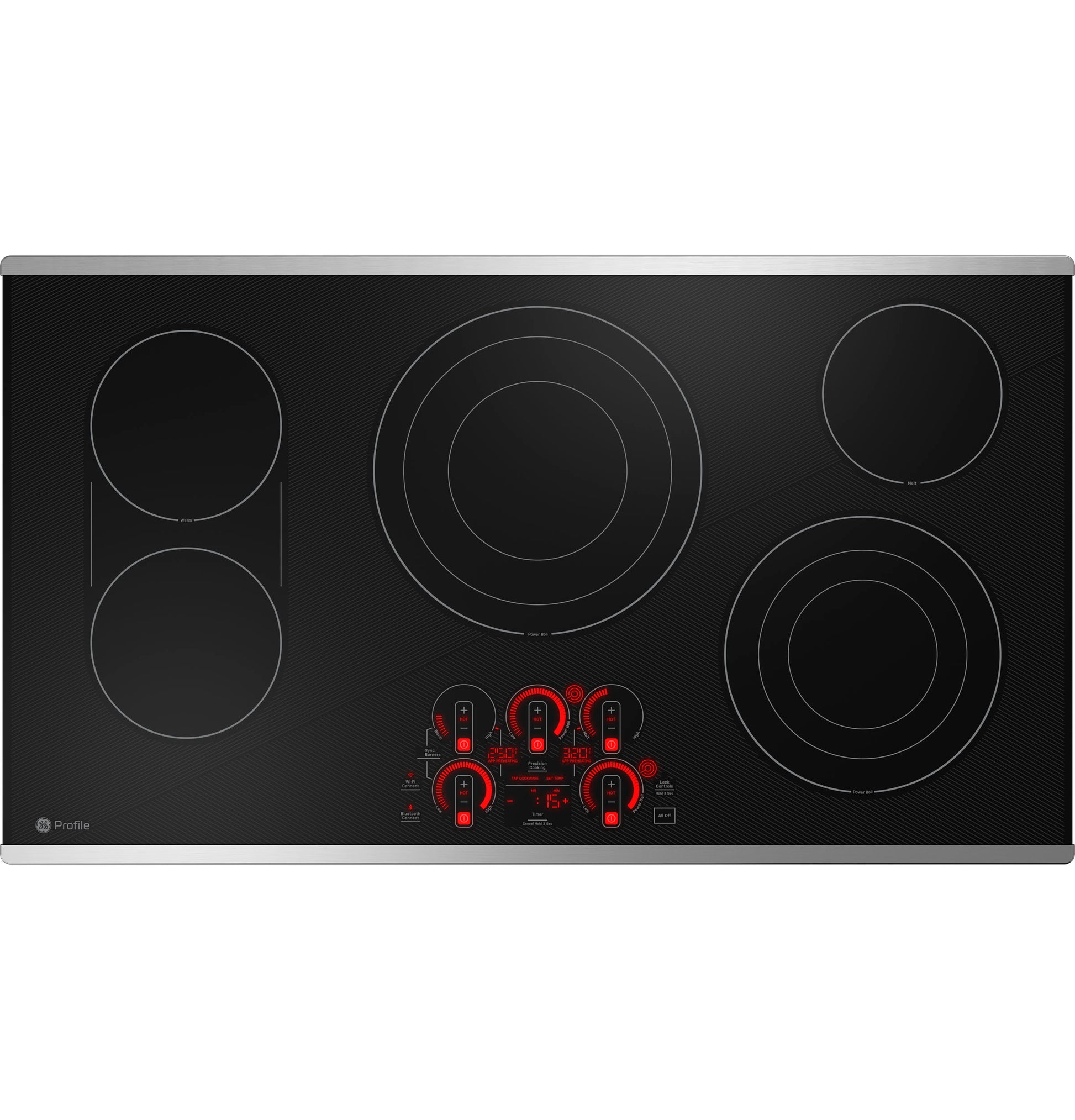Black glass built-in touch control cooktop with five radiant zones and red digital display from Cooktops collection