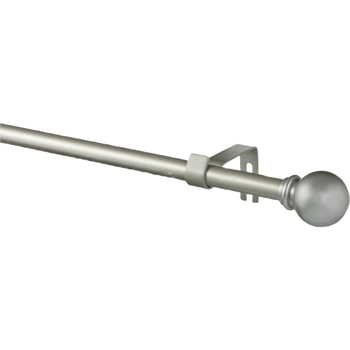 Silver metal single curtain rod with decorative rounded finial and adjustable mounting bracket for window treatments