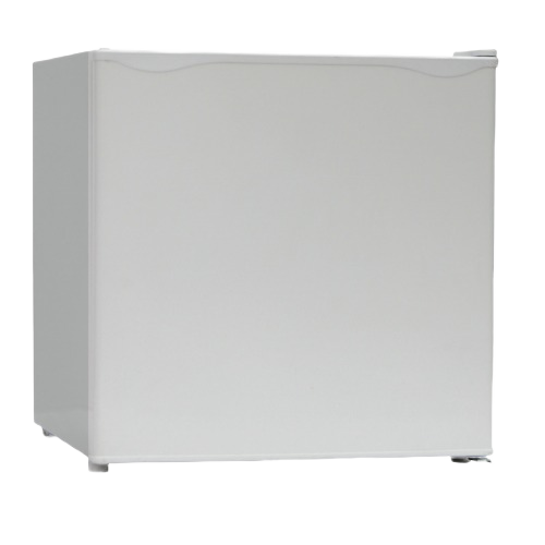 Compact white mini refrigerator with a smooth door, ideal for kitchen, dorm, or office appliance collections