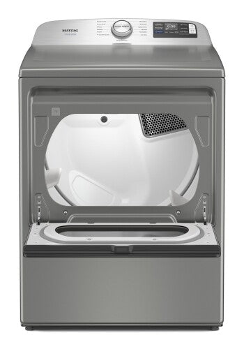 Gray smart top load dryer with open door showing spacious interior and digital control panel from appliances collection