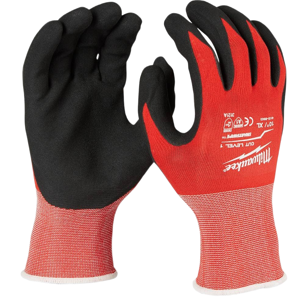 Pair of black and red nitrile coated gloves with cut resistance, designed for safety and work glove collections under $50