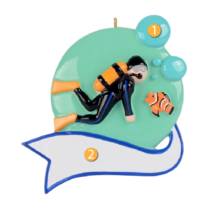 Ornament of scuba diver with orange tank and clownfish in green water bubble for Christmas tree decorations under $50 collection