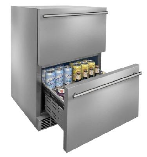 Stainless steel refrigerated drawers with two open compartments displaying canned beverages in kitchen appliances collection