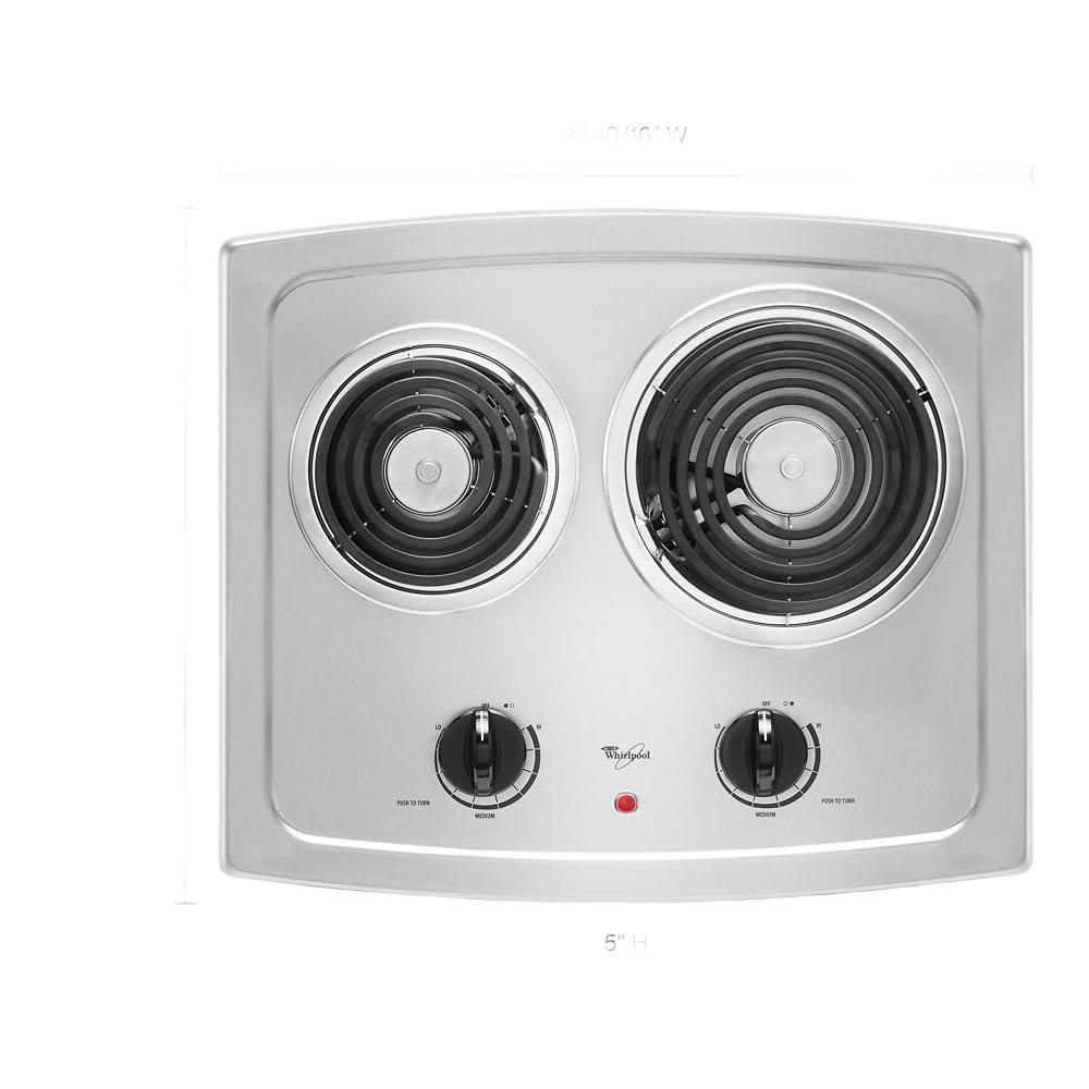21-inch electric cooktop with stainless steel surface, two coil burners, and adjustable heat controls for kitchen appliances